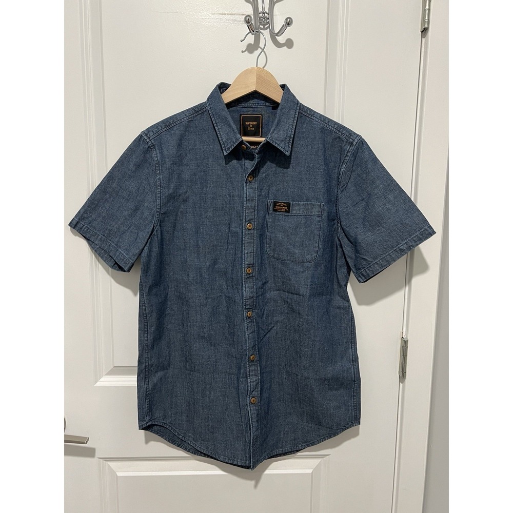 Superdry Men's‎ Vintage Loom Short Sleeve Shirt Blue Wash Denim Size Large